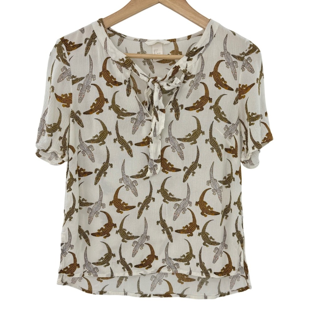 H&M Women's White Alligator Print‎ Tie Neck Short Sleeve Blouse Size 2 Office